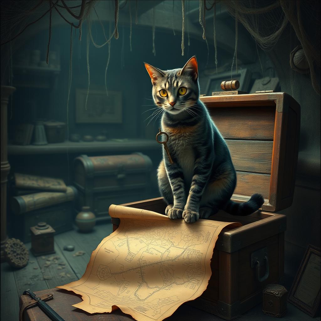 In an abandoned mansion's secret attic, filled with cobwebs and a sense of mystery, hidden treasures and ancient artifacts are scattered around