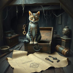 In an abandoned mansion's secret attic, filled with cobwebs and a sense of mystery, hidden treasures and ancient artifacts are scattered around