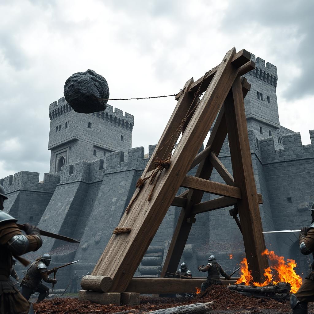 A dramatic scene depicting a large wooden catapult launching a boulder towards a medieval fortress