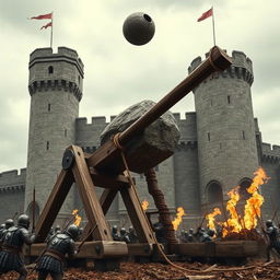A dramatic scene depicting a large wooden catapult launching a boulder towards a medieval fortress