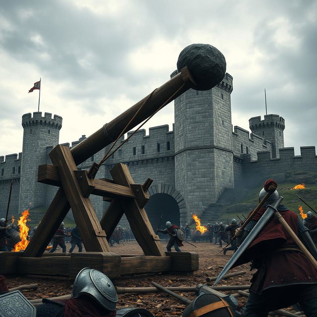 A dramatic scene depicting a large wooden catapult launching a boulder towards a medieval fortress
