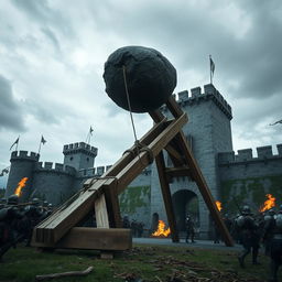A dramatic scene depicting a large wooden catapult launching a boulder towards a medieval fortress