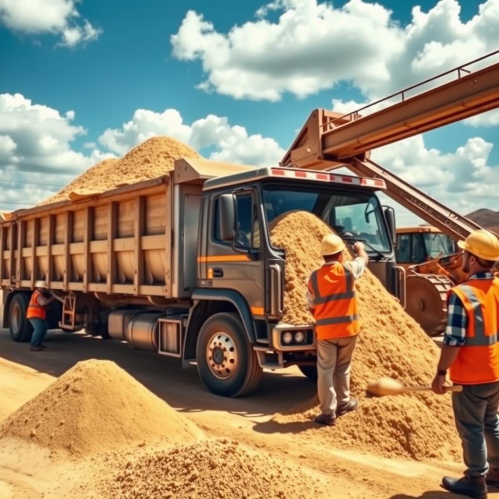A construction site scene depicting a large truck being loaded with sand
