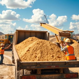 A construction site scene depicting a large truck being loaded with sand