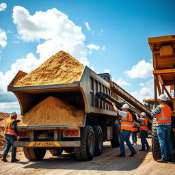 A construction site scene depicting a large truck being loaded with sand