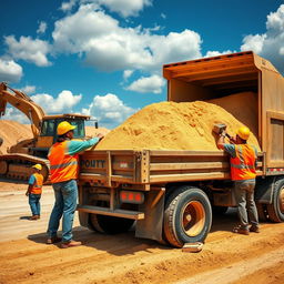 A construction site scene depicting a large truck being loaded with sand