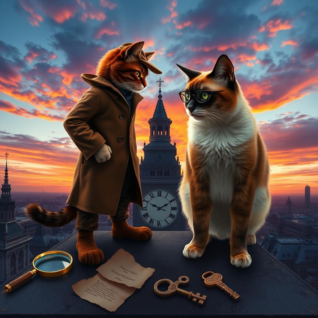 A dramatic showdown atop a grand clock tower at sunset, painting the sky with vibrant hues of orange and purple