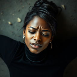 A stunning dark-skinned female with a messy bun hairstyle, featuring a few loose strands framing her face