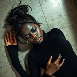 A stunning dark-skinned female with a messy bun hairstyle, featuring a few loose strands framing her face