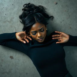 A stunning dark-skinned female with a messy bun hairstyle, featuring a few loose strands framing her face