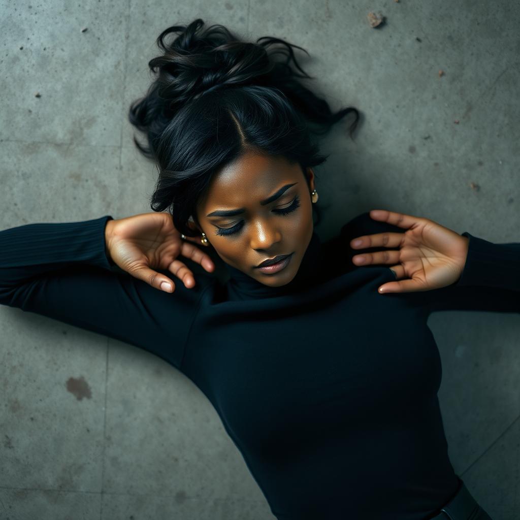 A stunning dark-skinned female with a messy bun hairstyle, featuring a few loose strands framing her face