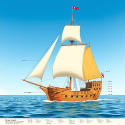An extensive and detailed illustration of a caravel ship, showcasing its intricate sails and hull design