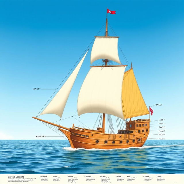 An extensive and detailed illustration of a caravel ship, showcasing its intricate sails and hull design