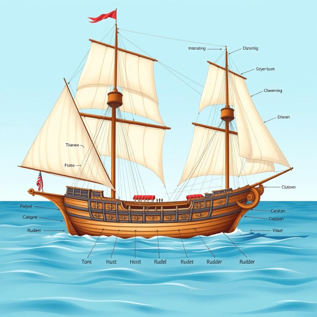 An extensive and detailed illustration of a caravel ship, showcasing its intricate sails and hull design