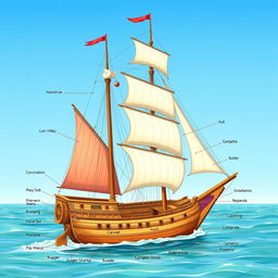 An extensive and detailed illustration of a caravel ship, showcasing its intricate sails and hull design