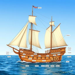 An extensive and detailed illustration of a caravel ship, showcasing its intricate sails and hull design