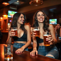 Two attractive Caucasian brunettes in a lively local bar, both wearing tight jeans and low-cut tops that expose some cleavage