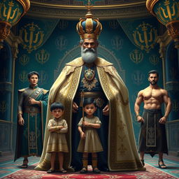 A magnificent scene featuring King Iran in the center, proudly adorned in exquisite royal robes with intricate designs and a majestic crown upon his head