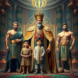 A magnificent scene featuring King Iran in the center, proudly adorned in exquisite royal robes with intricate designs and a majestic crown upon his head