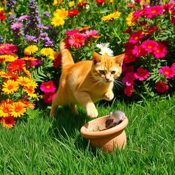A lush, sunny garden bursting with vibrant, colorful flowers in full bloom and rich green grass beneath