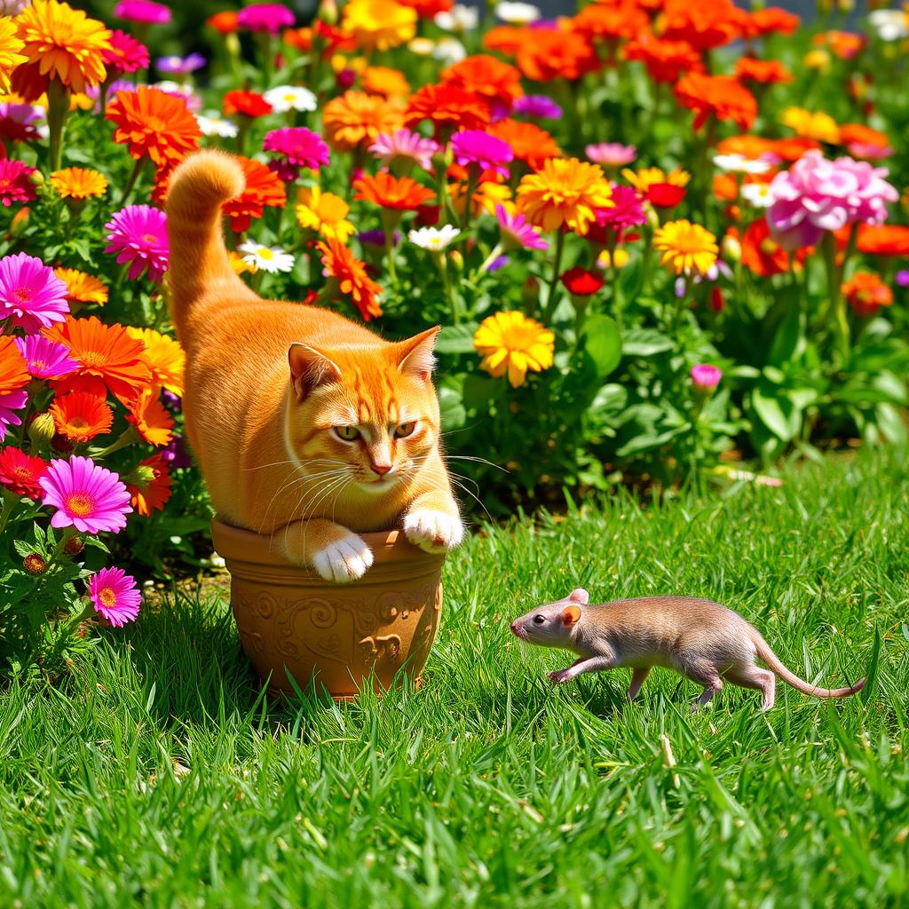 A lush, sunny garden bursting with vibrant, colorful flowers in full bloom and rich green grass beneath