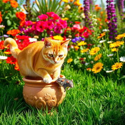 A lush, sunny garden bursting with vibrant, colorful flowers in full bloom and rich green grass beneath