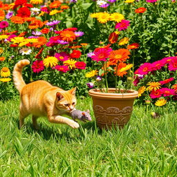 A lush, sunny garden bursting with vibrant, colorful flowers in full bloom and rich green grass beneath
