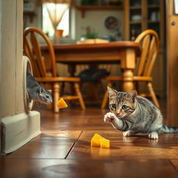 A cozy kitchen scene featuring a warm wooden floor, a rustic table, and comfortable chairs