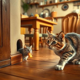 A cozy kitchen scene featuring a warm wooden floor, a rustic table, and comfortable chairs