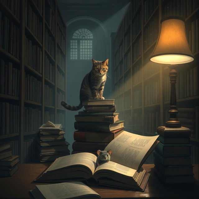 A dimly lit library filled with towering bookshelves that stretch up to the ceiling, casting long shadows across the room