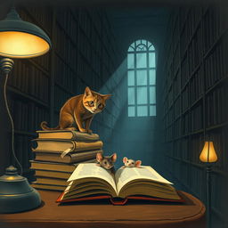A dimly lit library filled with towering bookshelves that stretch up to the ceiling, casting long shadows across the room