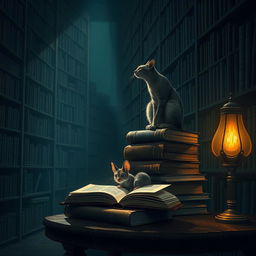 A dimly lit library filled with towering bookshelves that stretch up to the ceiling, casting long shadows across the room