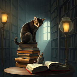 A dimly lit library filled with towering bookshelves that stretch up to the ceiling, casting long shadows across the room