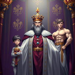 A majestic depiction of a king in the center, adorned with elegant royal robes and a splendid crown