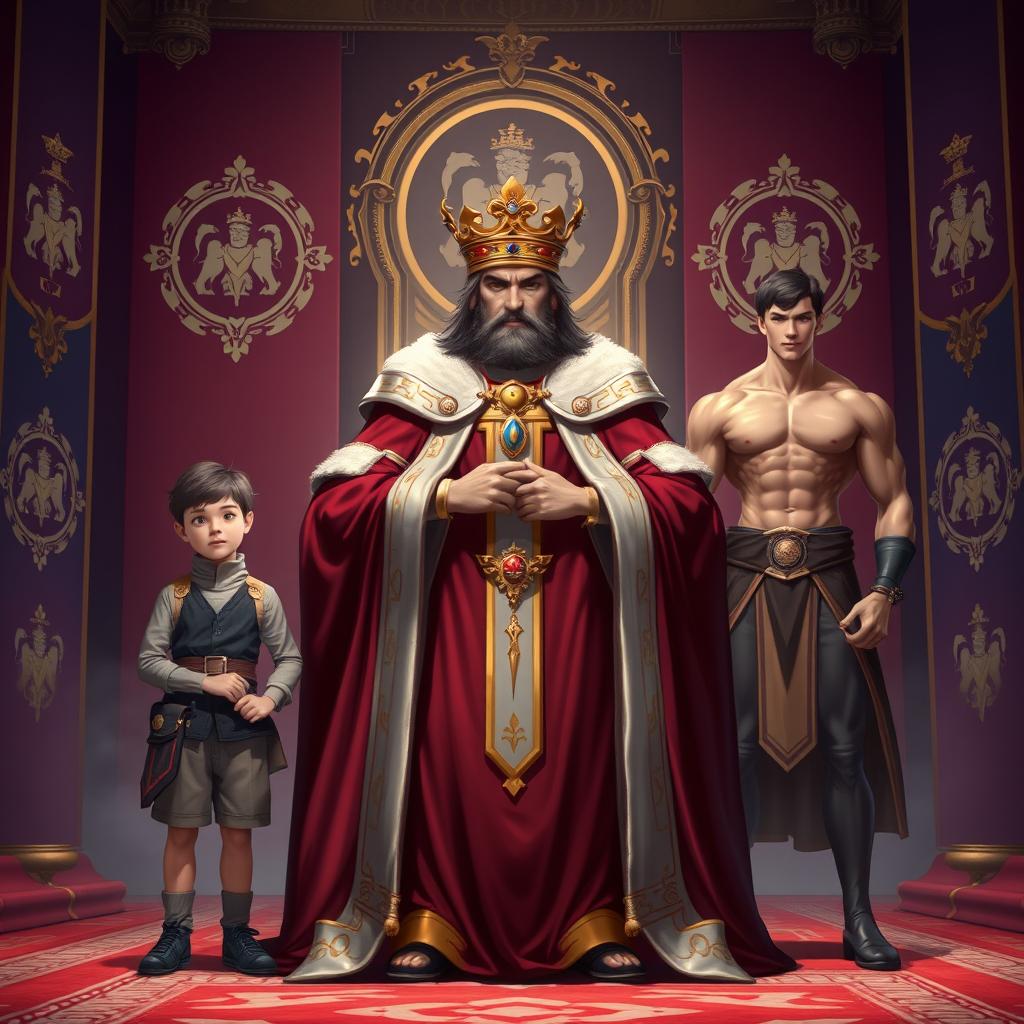 A majestic depiction of a king in the center, adorned with elegant royal robes and a splendid crown
