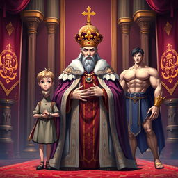 A majestic depiction of a king in the center, adorned with elegant royal robes and a splendid crown