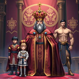 A majestic depiction of a king in the center, adorned with elegant royal robes and a splendid crown