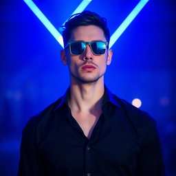 A stylish man wearing blue cut lenses and a sleek black shirt