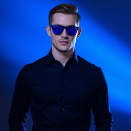 A stylish man wearing blue cut lenses and a sleek black shirt