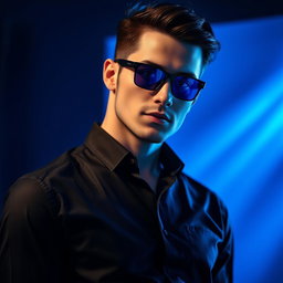 A stylish man wearing blue cut lenses and a sleek black shirt