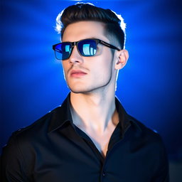 A stylish man wearing blue cut lenses and a sleek black shirt