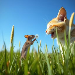 A wide-open meadow featuring tall grass gently swaying in the breeze under a bright blue sky