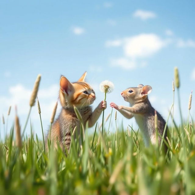 A wide-open meadow featuring tall grass gently swaying in the breeze under a bright blue sky