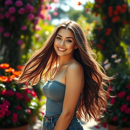 A beautiful young woman, with long flowing hair and striking features, standing confidently in a vibrant outdoor setting