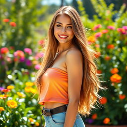 A beautiful young woman, with long flowing hair and striking features, standing confidently in a vibrant outdoor setting