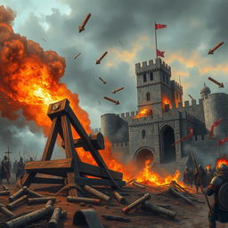 A wooden catapult launching projectiles at a medieval fortress, dramatic smoke and fire engulfing the scene, the fortress with tall stone walls and battlements, set in a war-torn landscape surrounded by chaos