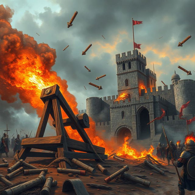 A wooden catapult launching projectiles at a medieval fortress, dramatic smoke and fire engulfing the scene, the fortress with tall stone walls and battlements, set in a war-torn landscape surrounded by chaos