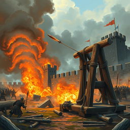 A wooden catapult launching projectiles at a medieval fortress, dramatic smoke and fire engulfing the scene, the fortress with tall stone walls and battlements, set in a war-torn landscape surrounded by chaos