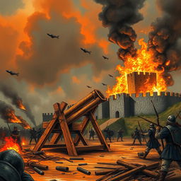 A wooden catapult launching projectiles at a medieval fortress, dramatic smoke and fire engulfing the scene, the fortress with tall stone walls and battlements, set in a war-torn landscape surrounded by chaos