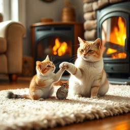 A warm and inviting living room scene featuring a cozy soft rug placed near a crackling fireplace